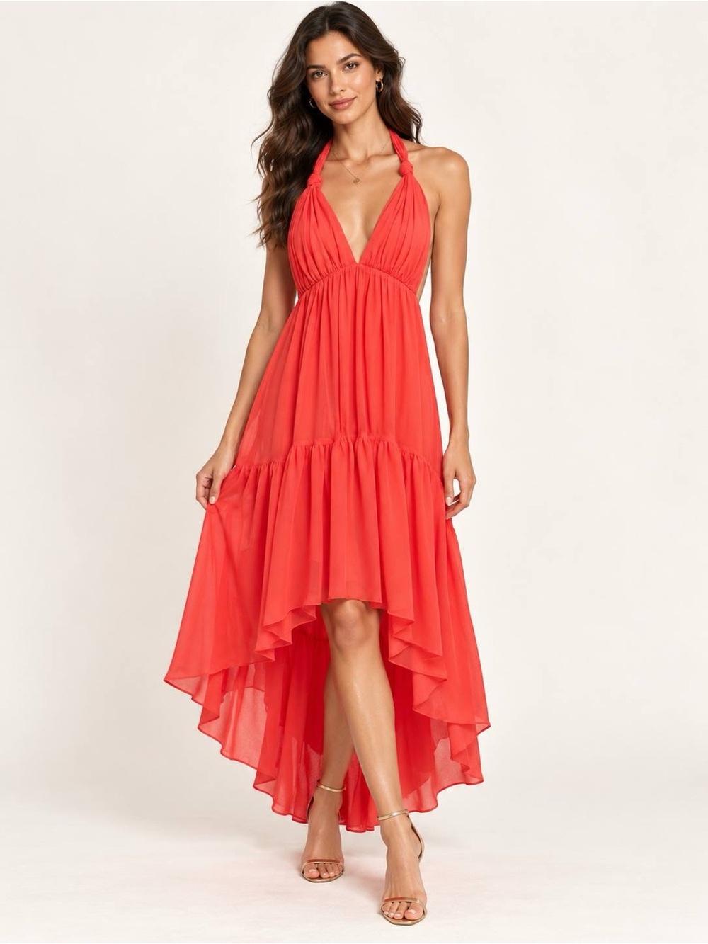 Bardot Women's Halter V-Neck Tiered Ruffle High-Low Dress Red NWT L